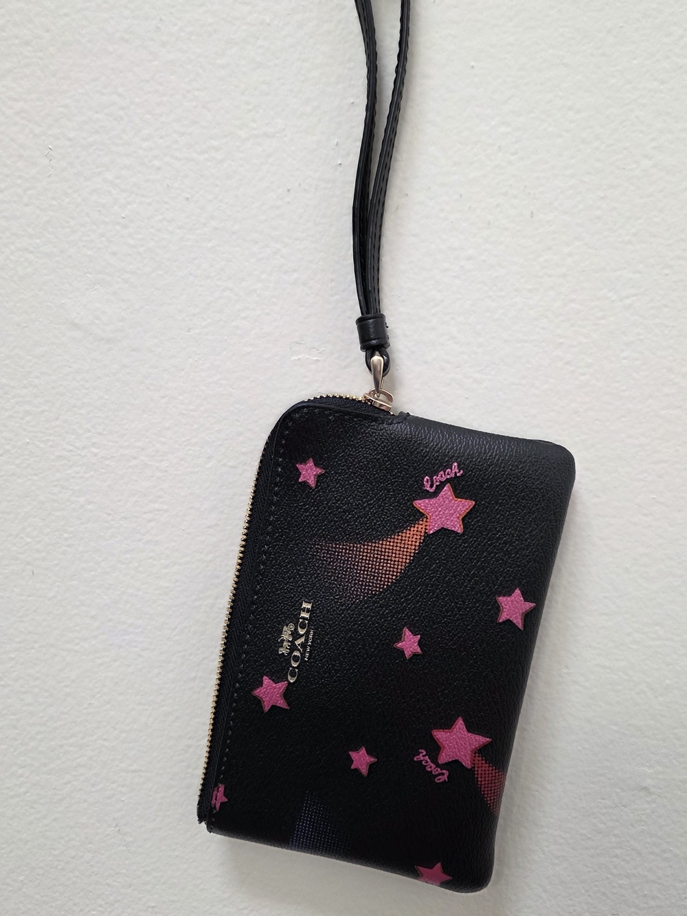 Coach Black Leather Wristlet with Pink Star Motif